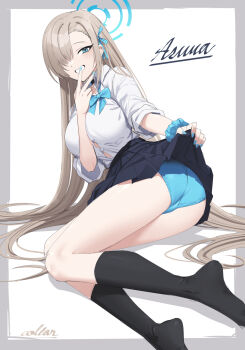 Rule 34 | 1girl, ass, asuna (blue archive), asuna (school uniform) (blue archive), black skirt, black socks, blonde hair, blue archive, blue bow, blue bowtie, blue eyes, blue halo, blue panties, blush, bow, bowtie, breasts, button gap, character name, cibo (killy), clothes lift, commentary request, flashing, grin, hair over one eye, halo, highres, large breasts, lifting own clothes, long hair, looking at viewer, panties, pleated skirt, school uniform, scrunchie, shirt, signature, skirt, skirt lift, sleeves rolled up, smile, socks, solo, thighs, underwear, v, very long hair, white shirt, wrist scrunchie