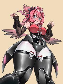 1girl angel_wings aria_(discordant_note)_(zenless_zone_zero) aria_(zenless_zone_zero) belt black_hair blue_eyes blush breasts commentary_request highres medium_breasts nervous_sweating official_alternate_costume open_mouth pink_hair short_hair skull solo sweat thick_thighs thighs user_xxyy2278 wings zenless_zone_zero