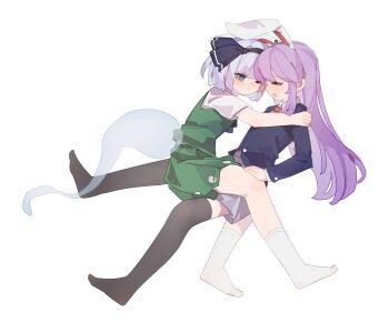 2girls ;) ^_^ absurdres animal_ears black_hairband black_jacket black_thighhighs blush closed_eyes commentary green_skirt green_vest grey_hair gumingdi_ban hairband highres hitodama jacket konpaku_youmu konpaku_youmu_(ghost) long_hair long_sleeves multiple_girls no_shoes one_eye_closed purple_hair rabbit_ears reisen_udongein_inaba shirt short_hair short_sleeves simple_background sitting sitting_on_person skirt skirt_set smile socks straight_hair thighhighs touhou very_long_hair vest white_background white_shirt white_socks yuri