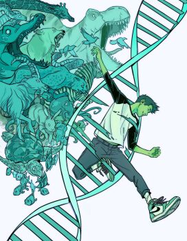 1boy animal bear beast_boy_(dc) bird black_dress colored_skin dc_comics dinosaur dna dress fish gabriel_picolo gabriel_picolo_(artist) giraffe goat green_hair green_skin hair_ornament happy highres jaguar monkey mouse multiple_animals octopus pointy_ears rabbit smile snake teen_titans turtle zebra