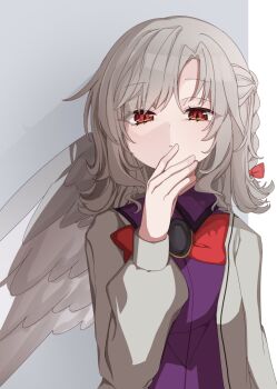 1girl bow bowtie braid closed_mouth collared_shirt commentary expressionless feathered_wings grey_hair grey_jacket grey_wings hair_bow hayuk0 highres jacket kishin_sagume long_sleeves medium_hair purple_shirt red_bow red_bowtie red_eyes shirt single_wing solo symbol-only_commentary touhou wings