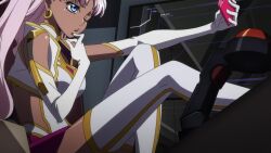 1girl animated anime_screenshot blue_eyes breast_press breasts catherine_sabathra code_geass code_geass:_dakkan_no_roze gyaru hairdressing highres large_breasts leotard long_hair pink_hair revealing_clothes smug tagme twintails two_side_up video wide_hips