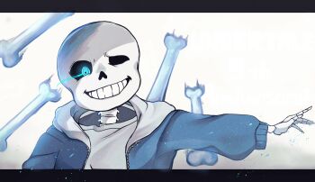 1boy blue_eyes blue_hoodie bone highres hood hoodie kuru_(kurukuru_koubou) looking_at_viewer one_eye_closed sans_(undertale) shirt skeleton solo undertale utdr_(toby_fox) white_shirt zipper