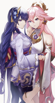 2girls absurdres animal_ears back_bow bare_shoulders blue_pupils blunt_bangs bow braid bridal_gauntlets closed_mouth collarbone commentary couple detached_sleeves fan_hair_ornament fox_ears fox_girl genshin_impact grey_background hair_between_eyes highres holding_hands hug japanese_clothes jewelry kimono leaning_on_person long_braid long_hair long_sleeves looking_at_viewer looking_to_the_side lucio_(luci0_52) mitsudomoe_(shape) multicolored_eyes multicolored_hair multiple_girls parted_lips pendant pink_hair purple_eyes purple_hair purple_kimono raiden_shogun red_sash sash single_braid sleeveless streaked_hair thighhighs tomoe_(symbol) upper_body wide_sleeves yae_miko yuri