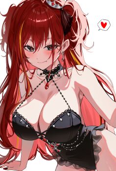 1girl absurdres bare_arms black_dress black_eyes black_nails blonde_hair blush breasts cleavage closed_mouth collarbone colored_inner_hair commentary_request dress fang hair_between_eyes heart highres large_breasts long_hair looking_at_viewer multicolored_hair picter red_hair simple_background smile solo spoken_heart stellive streaked_hair tiara white_background