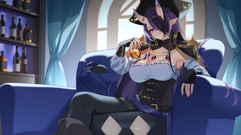 Rule 34 | 1girl, black hair, black hat, bottle, breasts, captain hannah, cleavage, coat, cup, facial mark, fingerless gloves, gloves, gradient horns, hat, heart, heart facial mark, highres, holding, holding cup, horn ornament, horn ring, horns, indie virtual youtuber, kitatyoco, large breasts, long hair, looking at viewer, multicolored hair, multicolored horns, oni, pirate costume, pirate hat, pointy ears, purple hair, red eyes, red nails, sidelocks, sitting, two-tone hair, virtual youtuber