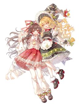 Rule 34 | 2girls, 80isiiii, :d, ahoge, alternate costume, apron, ascot, bell, black bow, black hat, black shoes, black skirt, black vest, blonde hair, bow, bowtie, braid, brown hair, buttons, candy, candy cane, chinese commentary, christmas tree print, collared shirt, commentary request, food, footwear bow, frilled shirt collar, frills, full body, green bow, grin, hair bow, hair ornament, hakurei reimu, hat, hat ornament, hat ribbon, highres, holding, holding bell, holly, jingle bell, kirisame marisa, leaf hair ornament, leaf hat ornament, leg warmers, long hair, long sleeves, looking at viewer, multiple girls, open mouth, puffy short sleeves, puffy sleeves, red bow, red bowtie, red eyes, red nails, red skirt, ribbon, shirt, shoes, short sleeves, side braid, simple background, single braid, skirt, smile, snowflake print, star (symbol), striped bow, touhou, vest, waist apron, white apron, white background, white bow, white leg warmers, white shirt, wide sleeves, witch hat, wrist cuffs, yellow ascot, yellow eyes, yellow ribbon