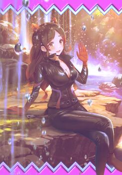 1girl animal_ears arm_support black_hair black_wetsuit blush bodysuit breasts brown_eyes cleavage crossed_legs curly_hair diving_suit extra_ears gloves gradient_hair high_collar hippopotamus_(kemono_friends) hippopotamus_ears kemono_friends kemono_friends_3 long_hair long_sleeves looking_at_viewer medium_breasts multicolored_hair official_art open_mouth open_wetsuit outdoors partially_unzipped rainbow red_gloves red_hair shoichi_(ekakijin) sitting solo two-tone_hair water water_drop waterfall waving wetsuit zipper