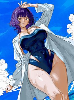 1girl alternate_breast_size_(larger) artist_request blue_one-piece_swimsuit blue_sky blush breasts brown_eyes cleavage collarbone covered_navel curvy day dutch_angle highleg highleg_one-piece_swimsuit highres lab_coat large_breasts lips looking_at_viewer nintendo one-piece_swimsuit outdoors pokemon pokemon_(anime) pokemon_(classic_anime) professor_ivy purple_hair short_hair simple_background sky smile solo swimsuit thighs wide_hips