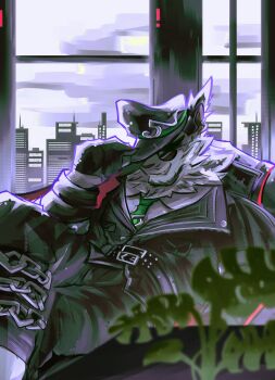 1boy absurdres animal_ears black_gloves black_hat black_jacket black_pants black_vest cityscape commentary crossed_legs dislyte english_commentary fangs fckinfish furry furry_male gloves green_necktie grin hat highres jacket jin_qiu_(ru_shou)_(dislyte) male_focus necktie pants ponytail shirt sitting smile sunglasses tiger tiger_boy tiger_ears tiger_stripes vest white_fur white_shirt white_tiger window