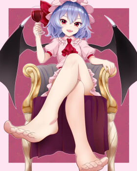 1girl bare_legs barefoot bat_wings chair commentary_request crossed_legs cup drinking_glass fangs feet foot_focus foreshortening hair_between_eyes highres kisaragi_koushi legs looking_at_viewer medium_hair open_mouth purple_hair red_eyes remilia_scarlet revision simple_background sitting solo toenails toes touhou vampire wine_glass wings