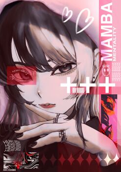 1girl absurdres barcode black_eyes black_hair black_jacket black_nails commentary english_commentary english_text eyelashes hair_between_eyes hand_up heart highres jacket jewelry looking_at_viewer lui_n24 medium_hair multiple_rings nose original parted_lips portrait red_lips ring solo