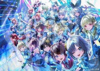 6+girls adjusting_clothes adjusting_gloves ahoge aizawa_ema amayui_moka aqua_bow aqua_bowtie aqua_hair arm_behind_head arm_up armlet armpits arms_behind_head asumi_sena bare_shoulders black_bow black_bowtie black_gloves black_hair black_ribbon blonde_hair blue_bow blue_bowtie blue_eyes blue_hair blue_necktie blunt_bangs blush bodice bow bowtie braid brown_hair capelet center_frills choya_hanabi claw_pose clenched_hand closed_mouth clothing_cutout collar collared_shirt company_name copyright_name copyright_notice crown dark-skinned_female dark_skin double-parted_bangs double_bun earrings everyone facial_mark fang finger_to_mouth flower frilled_collar frilled_gloves frilled_shirt frilled_skirt frills ghost_hair_ornament gloves gradient_hair green_eyes green_hair grey_eyes grey_hair hair_between_eyes hair_bow hair_bun hair_flaps hair_flower hair_ornament hair_ribbon hair_rings hairclip hanabusa_lisa hands_up ichinose_uruha idol_clothes index_finger_raised jewelry kaga_nazuna kaga_sumire kagawa_ichigo kaminari_qpi kisaragi_ren_(vtuber) kogara_toto komori_met kurumi_noah logo long_hair long_sleeves low_twin_braids mini_crown mole mole_under_eye monitor multicolored_hair multiple_girls necktie nekota_tsuna official_alternate_costume official_art one_eye_closed open_hand open_mouth orange_bow orange_bowtie orange_eyes orange_sailor_collar outstretched_arm outstretched_hand own_hands_together pink_bow pink_bowtie pink_eyes pink_hair pink_sailor_collar ponytail purple_bow purple_bowtie purple_eyes purple_hair purple_sailor_collar rabbit_hair_ornament red_bow red_bowtie red_eyes red_hair red_necktie ribbon rose sailor_collar sendo_yuuhi shinomiya_runa shiranami_ramune shirt short_hair shoulder_cutout single_hair_ring single_hair_streak skin_fang skirt sleeveless sleeveless_shirt smile split-color_hair stage stage_lights streaked_hair swept_bangs tachibana_hinano textless_version tosaki_mimi triangle triangle_facial_mark tsumugi_kokage twin_braids twintails two-tone_hair two_side_up v virtual_youtuber vspo! w_arms white_bow white_bowtie white_capelet white_gloves white_hair white_skirt wrist_cuffs x_hair_ornament yakumo_beni yano_kuromu yellow_bow yellow_bowtie yellow_eyes yellow_flower yellow_necktie yellow_rose yellow_sailor_collar yumeno_akari