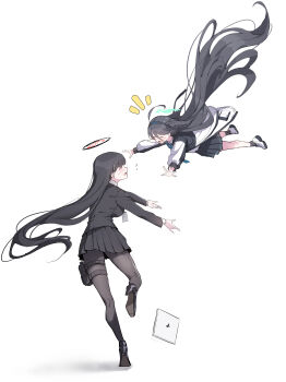 2girls absurdly_long_hair absurdres ahoge aqua_necktie aris_(blue_archive) black_hair black_jacket black_pantyhose black_shoes black_skirt black_socks blue_archive blush breasts catching closed_mouth coat collared_shirt commentary_request computer double-parted_bangs falling floating_hair flying_sweatdrops green_halo hair_between_eyes halo happy high_heels highres huge_ahoge jacket lanyard laptop large_breasts long_bangs long_hair miniskirt multicolored_coat multicolored_halo multiple_girls necktie notice_lines open_clothes open_coat open_mouth outstretched_arms pantyhose parack pleated_skirt rio_(blue_archive) running shadow shirt shoes sideways_mouth simple_background skirt smile sneakers socks sweatdrop thigh_strap very_long_hair white_background white_shirt white_shoes worried