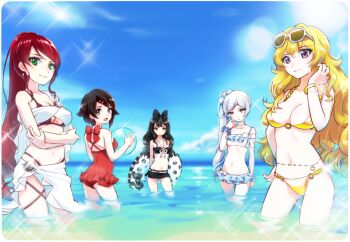 5girls aqua_eyes ball bikini black_hair blake_belladonna blonde_hair bow breasts cleavage cloud dokur01 earrings eyewear_on_head female_focus gradient_background green_eyes grey_eyes jewelry large_breasts long_hair multiple_girls ocean outdoors ponytail purple_eyes pyrrha_nikos red_hair ruby_rose rwby short_hair sky sunglasses swimsuit water weiss_schnee white_hair yang_xiao_long yellow_eyes