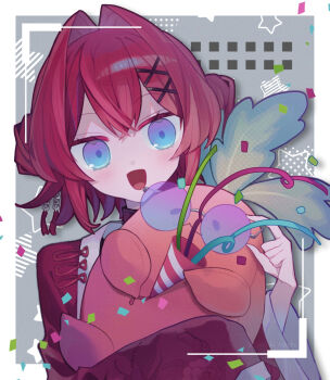 Rule 34 | 1girl, :3, :d, ange katrina, ange katrina (china dress), bakeduki nokoko, ben-day dots, blue-tinted eyewear, blue eyes, blush, character doll, commentary request, confetti, crossed bangs, doll, double-parted bangs, double bun, floral print jacket, gradient-tinted eyewear, gradient eyes, grey background, hair bun, hair intakes, hair ornament, hand up, highres, holding, holding party popper, holding removed eyewear, jacket, long sleeves, looking at viewer, mandragora, mandragora (ange katrina), multicolored eyes, nijisanji, open mouth, party popper, purple-tinted eyewear, purple eyes, red hair, red jacket, rimless eyewear, round eyewear, screentones, sleeves past fingers, sleeves past wrists, smile, star (symbol), streamers, stuffed toy, tassel, tassel hair ornament, tinted eyewear, twitter username, unworn eyewear, upper body, virtual youtuber, watermark, x hair ornament