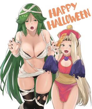 2girls bandages black_bra black_legwear black_nails black_panties bra breasts china_dress chinese_clothes claw_pose cleavage_cutout clothing_cutout commentary detached_sleeves dress english_commentary fangs flat_chest ghost_pose gluteal_fold green_eyes green_hair halloween_costume happy_halloween hat height_difference highres j@ck jiangshi jiangshi_costume kid_icarus kid_icarus_uprising large_breasts hsien-ko long_hair looking_at_viewer multiple_girls mummy_costume nail_polish naked_bandage navel nintendo ofuda open_mouth palutena panties parted_bangs pelvic_curtain saliva short_dress spider_web_print strapless strapless_bra thighhighs torn_clothes torn_legwear underwear darkstalkers very_long_hair viridi
