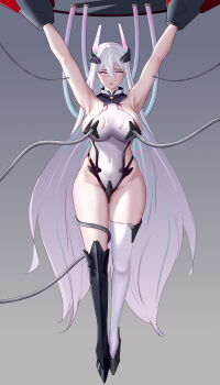 1girl absurdres aqua_pupils armpits arms_up asymmetrical_footwear azur_lane bare_shoulders black_boots blue_streaks boots breasts chinese_commentary commentary_request covered_navel gluteal_fold hair_between_eyes headgear highres impossible_clothes impossible_leotard kearsarge_(azur_lane) knee_boots large_breasts leotard long_hair looking_at_viewer mechanical_tentacles multicolored_leotard navel orchery pink_streaks purple_eyes restrained sideboob single_knee_boot single_thigh_boot solo stationary_restraints thigh_boots torn_clothes torn_leotard two-tone_leotard variant_set very_long_hair white_boots white_hair white_leotard