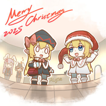 Rule 34 | 2025, 4girls, adapted costume, alternate costume, alternate headwear, anger vein, angry, animal ears, black boots, black capelet, black jacket, blonde hair, blue dress, boots, bow, bowtie, capelet, chibi, chibi only, commentary, dress, dual persona, edsky0309, english commentary, english text, full body, fur-trimmed capelet, fur-trimmed headwear, fur-trimmed sleeves, fur trim, hat, hat bow, highres, inaba tewi, jacket, lily black, lily white, long hair, long sleeves, looking at another, merry christmas, multiple girls, nose bubble, open mouth, pink bow, pink bowtie, pointy ears, purple hair, rabbit ears, rabbit girl, red hat, reisen udongein inaba, santa hat, sleeping, smile, sunglasses, touhou, very long hair, white boots, white capelet, white jacket, zzz