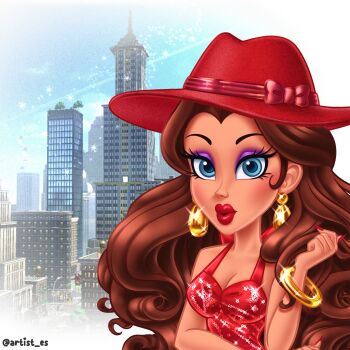 1girl artist_es artist_name bangle blue_eyes blue_sky bow bracelet breasts brown_hair building city cityscape cleavage curly_hair dark-skinned_female dark_skin dress earrings eyelashes eyeshadow fedora glint gold_earrings halter_dress halterneck hat hat_bow hat_ribbon highres hoop_earrings jewelry lips lipstick long_hair looking_at_viewer makeup mario_(series) medium_breasts nail_polish new_donk_city nintendo parody pauline_(nintendo) puckered_lips purple_eyeshadow red_dress red_lips red_nails ribbon sky skyscraper sleeveless sleeveless_dress solo sparkle style_parody super_mario_odyssey thick_lips twitter_username upper_body wavy_hair