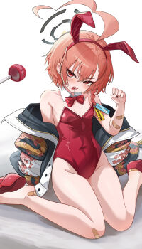 1girl absurdres ahoge angry animal_ears bandaid bandaid_on_arm bandaid_on_foot bandaid_on_knee bandaid_on_leg black_halo blue_archive bow bowtie braid breasts candy chinese_commentary clenched_hand commentary_request covered_navel detached_collar earrings fake_animal_ears food food_in_mouth groin halo hand_up highres huge_ahoge jacket jewelry junsanholo leotard lollipop lollipop_in_mouth looking_at_viewer mole mole_under_each_eye mole_under_eye multiple_moles neru_(blue_archive) neru_(bunny)_(blue_archive) official_alternate_costume open_mouth orange_hair oversized_breast_cup playboy_bunny print_jacket rabbit_ears red_eyes red_leotard short_hair single_braid sitting small_breasts solo strapless strapless_leotard stud_earrings sukajan tag traditional_bowtie wariza white_background