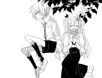 1boy 1girl closed_eyes collared_shirt flower frilled_skirt frills greyscale gundam gundam_seed hair_ribbon holding holding_flower juliet_sleeves kira_yamato kneehighs lacus_clyne legwear_garter long_sleeves monochrome puffy_sleeves ribbon rose seed0x0 shirt short_hair shorts simple_background sitting sketch skirt socks two_side_up white_background