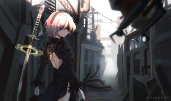 1girl 2b_(nier:automata) android arms_at_sides artist_name back_cutout backless_dress backless_outfit black_dress black_gloves black_hairband blindfold breasts closed_mouth clothing_cutout covered_eyes debris dress female_focus from_behind glint gloves hairband highleg highleg_leotard highres juliet_sleeves katana legs_together leotard long_sleeves looking_back mazumaro medium_breasts nier:automata nier_(series) outdoors puffy_sleeves short_dress short_hair shoulder_blades side_slit silver_hair solo standing sword turtleneck upper_body vambraces weapon white_leotard