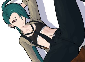 1girl aliasing blush dutch_angle ear_piercing flat_chest green_hair hair_over_one_eye lireslol long_hair looking_at_viewer midriff navel nintendo open_clothes open_shirt piercing pokemon pokemon_sv red_eyes rika_(pokemon) sitting solo sports_bra spread_legs