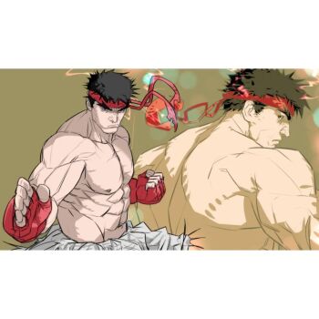 1boy abs clenched_hand dougi flexing_pectorals frown headband large_pectorals liyamou looking_at_viewer male_focus martial_arts mature_male multiple_views muscular muscular_male nipples obliques pectorals profile red_headband ryu_(street_fighter) short_hair shredded_muscles street_fighter strongman_waist thick_eyebrows topless_male tsurime upper_body