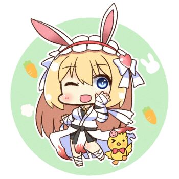 1girl :d animal_ears arm_wrap belt bird black_belt black_shorts blonde_hair blue_eyes blush canvas_texture chibi chibi_only commentary_request cross cross_necklace foot_wraps frilled_hairband frills full_body hair_ornament hairband heart heart_hair_ornament highres jewelry long_hair looking_at_viewer necklace official_alternate_costume one_eye_closed open_mouth poring rabbit_ears rabbit_tail ragnarok_online red_hairband shirt shizukushigure shorts smile solo standing sura_(ragnarok_online) tail very_long_hair waving white_background white_shirt