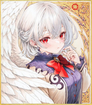 1girl angel_wings blush bow bowtie braid breasts brooch closed_mouth commentary_request dress feathered_wings grey_hair half_up_braid jacket jewelry kishin_sagume long_sleeves looking_at_viewer marker_(medium) open_clothes open_jacket pink_nails purple_dress red_bow red_bowtie red_eyes s.mamiya single_wing solo touhou traditional_media white_wings wings