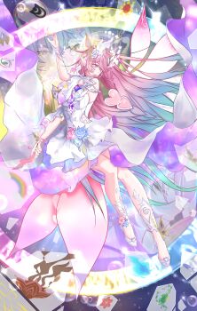 1boy 1girl absurdres air_bubble breasts bubble chinese_commentary commentary_request crystal_shards cyrene_(honkai:_star_rail) diamond-shaped_pupils diamond_(shape) dress flower hair_flower hair_ornament halo high_heels highres honkai:_star_rail honkai_(series) large_breasts long_hair phainon_(honkai:_star_rail) pink_hair purple_eyes shenmafuyun40469 symbol-shaped_pupils very_long_hair white_dress white_hair yellow_eyes