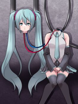 1girl absurdres android aqua_eyes aqua_hair aqua_necktie bare_shoulders black_skirt black_sleeves black_thighhighs breasts cable collared_shirt commentary_request detached_sleeves disembodied_head double-parted_bangs empty_eyes grey_background guro hands_on_lap hatsune_miku headless highres invisible_chair knees_together_feet_apart long_hair long_sleeves maintenance mechabare medium_breasts miniskirt necktie nekoashikonbu8 own_hands_together parted_lips pleated_skirt shirt simple_background sitting skirt sleeveless sleeveless_shirt solo thighhighs twintails untucked_shirt very_long_hair vocaloid wing_collar zettai_ryouiki