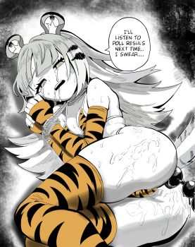 anal anal_beads anal_object_insertion animal_ears animal_print bdsm bikini bound bound_wrists breasts crying cum cum_on_ass cum_on_body detached_sleeves drooling english_text green_eyes greyscale highres ju_fufu kunitoro_(artist) loli long_hair lying monochrome object_insertion on_side orange_bikini orange_thighhighs rope saliva sex_toy sleeves_past_wrists small_breasts spot_color streaming_tears striped_hair swimsuit tail tears thighhighs thighs tiger_ears tiger_girl tiger_print tiger_tail typo zenless_zone_zero