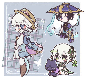 1boy 2girls animalization anklet armlet ayaka_(genshin_impact) black_bodysuit black_bow black_hair black_shorts blue_bow blue_gemstone blue_kimono blue_sleeves blunt_bangs blunt_ends blunt_tresses blush_stickers boater_hat bodysuit boots border bow braid bright_pupils brown_boots brown_hat butterfly_hair_ornament cape cat closed_mouth cross-shaped_pupils detached_sleeves dress flower folding_fan gem genshin_impact gold gold_trim green_eyes green_hair grey_background hair_between_eyes hair_flower hair_ornament half_up_half_down_braid hand_fan hat hat_bow hat_flower hat_ornament heart heart_hair_ornament highres hime_cut holding holding_fan hoshizuki_chimama japanese_clothes jewelry jingasa juban juliet_sleeves kamisato_ayaka kamisato_ayaka_(springbloom_missive) kimono lace-up_boots large_bow layered_sleeves leaf leaf_hair_ornament leaf_hat_ornament long_hair long_sleeves looking_at_viewer mandarin_collar multicolored_hair multiple_girls nahida_(genshin_impact) no_mouth official_alternate_costume open_clothes open_kimono person_and_animalization pink_flower pointy_ears pom_pom_(clothes) puffy_sleeves purple_cape purple_cat purple_eyes purple_hat purple_sash sash scaramouche_(cat)_(genshin_impact) scaramouche_(genshin_impact) short_hair short_sleeves shorts shoulder_peek side_ponytail sidelocks sideways_mouth smile socks stirrup_footwear streaked_hair symbol-shaped_pupils tareme tassel twitter_username vision_(genshin_impact) wanderer_(genshin_impact) white_border white_bow white_dress white_eyes white_flower white_kimono white_pupils white_sleeves white_socks white_trim