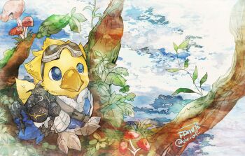 alpha_(ff14) animal bird blue_eyes blue_sky chocobo clothed_animal cloud copyright_name day final_fantasy final_fantasy_xiv goggles goggles_on_head in_tree mushroom no_humans non-humanoid_robot omega_(final_fantasy) outdoors robot ruka_(blueplus84) sky tree twitter_username yellow_bird