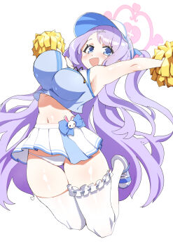 1girl absurdres armpits blue_archive blue_eyes breasts cheerleader commentary_request crop_top halo hanae_(blue_archive) hanae_(cheer_squad)_(blue_archive) highres holding holding_pom_poms jumping large_breasts long_hair official_alternate_costume panties pink_halo pom_pom_(cheerleading) pom_poms purple_hair simple_background skirt smile solo squead_t thighhighs thighs underwear very_long_hair visor_cap white_background white_panties white_skirt white_thighhighs