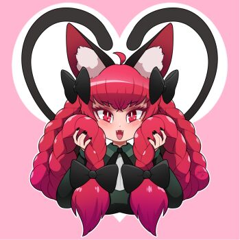 1girl animal_ear_fluff animal_ears big_hair black_bow black_bowtie bow bowtie braid cat_ears cat_girl cat_tail commentary english_commentary fangs heart heart_tail kaenbyou_rin long_hair looking_at_viewer multiple_tails open_mouth pink_background red_eyes red_hair side_braids simple_background slit_pupils solo tail touhou twin_braids two_tails upper_body very_long_hair zedrin