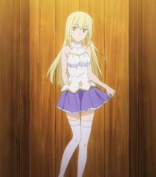 1girl aiz_wallenstein arms_behind_back bare_shoulders blonde_hair blush breasts closed_mouth collarbone dress dungeon_ni_deai_wo_motomeru_no_wa_machigatteiru_darou_ka female_focus highres kneehighs layered_skirt long_hair looking_at_viewer medium_breasts miniskirt no_bra pleated_skirt purple_skirt skirt sleeveless sleeveless_dress socks solo solo_focus stitched sword_oratoria thighhighs third-party_edit white_thighhighs yellow_eyes zettai_ryouiki