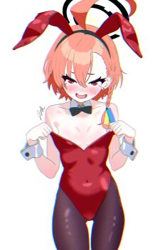 1girl absurdres adversarial_noise ahoge animal_ear_hairband animal_ears bare_shoulders black_bow black_bowtie black_halo black_pantyhose blue_archive blush bow bowtie braid collarbone detached_collar fake_animal_ears flat_chest hair_between_eyes hairband halo highres huge_ahoge leotard leotard_pull loli looking_at_viewer mole mole_under_eye neru_(blue_archive) neru_(bunny)_(blue_archive) open_mouth orange_hair pantyhose playboy_bunny rabbit_ear_hairband rabbit_ears red_eyes red_leotard runarie short_hair side_braid single_braid solo wrist_cuffs
