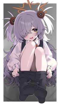 1girl black_pantyhose blue_archive blush brown_eyes brown_halo buttoned_cuffs buttons choker clothes_pull collared_shirt commentary_request dress feet grey_dress hair_between_eyes hair_ornament hair_over_one_eye halo highres izuoku kanoe_(blue_archive) knees_up loli long_hair long_sleeves looking_at_viewer neck_ribbon no_shoes one_eye_covered open_mouth pantyhose pantyhose_pull pinafore_dress ribbon scar scar_on_neck shirt sleeve_cuffs sleeveless_dress smile soles solo toes two_side_up undressing very_long_hair wavy_mouth white_hair white_shirt