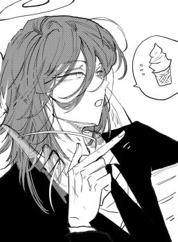 1boy angel_devil_(chainsaw_man) angel_wings busuttt chainsaw_man commentary_request greyscale hair_between_eyes halo highres korean_commentary long_hair looking_to_the_side male_focus monochrome necktie open_mouth pointing pointing_to_the_side screentones simple_background solo spoken_ice_cream white_background wings