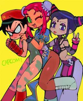 1boy 2024 2girls :p beret blush bodypaint boots cammy_white capcom china_dress chinese_clothes chun-li cosplay dc_comics double_bun dress fang gauntlets gloves green_leotard hair_bun han_juri hat highres kojirou_(mesurf1) leotard midriff multiple_girls one_eye_closed pantyhose raven_(dc) red_hat robin_(dc) short_hair smile starfire street_fighter teen_titans tongue tongue_out v wrist_cuffs