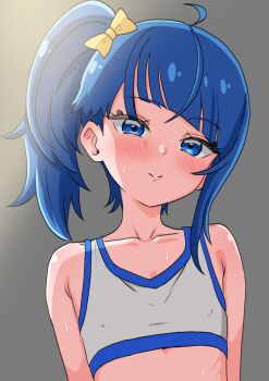 Rule 34 | 1girl, absurdres, blue eyes, blue hair, blush, bow, closed mouth, commentary, cut bangs, flat chest, grey background, hair bow, half-closed eyes, highres, hirogaru sky! precure, looking at viewer, medium hair, precure, side ponytail, single sidelock, skymashiro, smile, solo, sora harewataru, sports bra, sweat, upper body, white sports bra, yellow bow