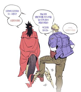 2boys black_hair blonde_hair blue_jacket brown_footwear brown_gloves cape cid_highwind facing_away final_fantasy final_fantasy_vii final_fantasy_vii_rebirth final_fantasy_vii_remake full_body gloves goggles goggles_on_head green_pants hairband hands_on_own_hips jacket korean_text leg_up long_hair male_focus multiple_boys pants peonrin red_cape red_hairband short_hair simple_background speech_bubble spiked_hair tail tail_armor translation_request very_short_hair vincent_valentine white_background