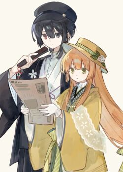 Rule 34 | 1boy, 1girl, black eyes, black hair, black hakama, black haori, black hat, blue trim, buttons, closed mouth, commentary, diagonal-striped ribbon, expressionless, flower, folded fan, folding fan, frilled gloves, frills, gloves, green eyes, green kimono, green ribbon, grey background, hair between eyes, hakama, hand fan, haori, hat, hat flower, hat ribbon, height difference, highres, holding, holding fan, holding newspaper, japanese clothes, kimono, long hair, long sleeves, makotoinu, newspaper, open mouth, orange hair, original, red eyes, ribbon, rose, shirt, shirt under kimono, short hair, sidelocks, simple background, very long hair, white flower, white kimono, white rose, white shirt, wide sleeves, yellow haori