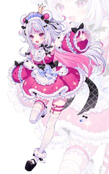 1girl animal_ears apron bear_ears bear_girl black_shoes blush colored_inner_hair commentary_request crown detached_sleeves dress grey_hair highres indie_virtual_youtuber looking_at_viewer mini_crown multicolored_hair o-ring o-ring_thigh_strap open_mouth pink_dress pink_eyes pink_hair pink_sleeves shirokuma_rin shoes solo tatejima_uri thigh_strap thighhighs virtual_youtuber white_apron white_thighhighs