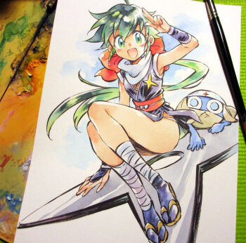 1girl agahari arm_guards arm_up art_brush art_tools_in_frame azumaya_koyuki bandaged_ankle bandages black_kimono black_socks blue_eyes bow commentary_request creature dororo_(keroro_gunsou) fishnet_top fishnets full_body green_eyes green_hair hair_bow hat huge_weapon japanese_clothes keroro_gunsou kimono long_hair looking_at_viewer low_ponytail mask mouth_mask ninja on_weapon open_mouth paintbrush painting_(medium) panties panty_straps photo_(medium) ponytail red_bow red_sash salute sandals sash short_kimono shuriken side_slit sitting smile socks tabi thighs traditional_media two-finger_salute underwear very_long_hair weapon white_panties