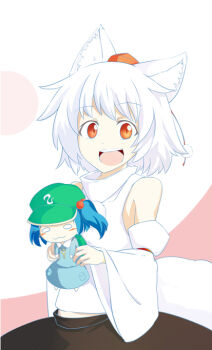 Rule 34 | 2girls, animal ears, bare shoulders, black hair, blush, chibi, detached sleeves, hat, holding, inubashiri momiji, kawashiro nitori, kokutei n, looking at viewer, midriff, multiple girls, o o, open mouth, pom pom (clothes), red eyes, short hair, silver hair, tail, tokin hat, touhou, twintails, two side up, wolf ears, wolf tail