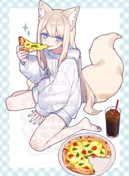 1girl absurdres animal_ear_fluff animal_ears bare_legs barefoot blonde_hair blue_eyes blush chiyomaru_(yumichiyo0606) closed_mouth commentary_request commission drawstring eating eche_(vtuber) food fox_ears fox_girl fox_tail full_body highres holding holding_food hood hood_down hoodie indie_virtual_youtuber long_hair long_sleeves looking_at_viewer pizza sitting skeb_commission smile soda solo tail virtual_youtuber wariza watermark white_hoodie